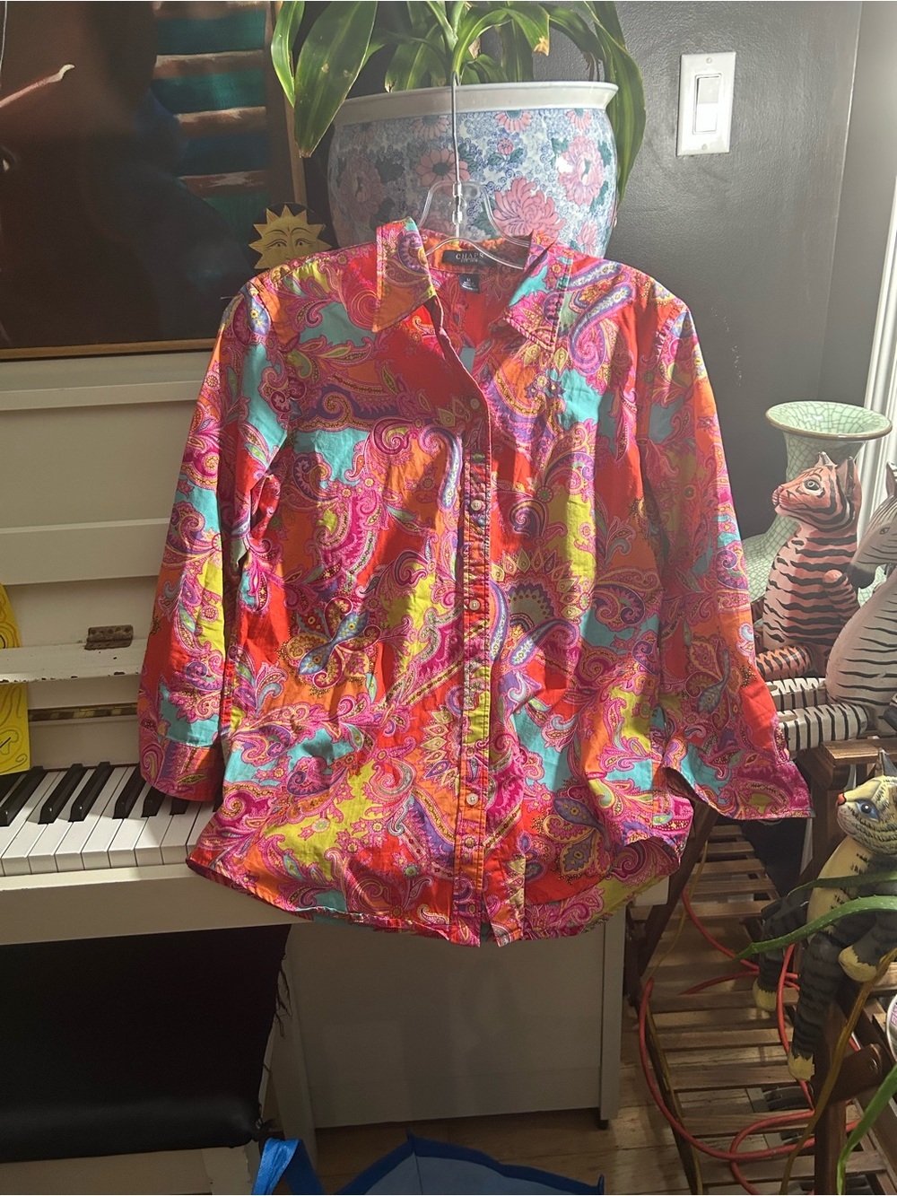 Chaps Colorful Paisley Button Front Shirt Blouse Cotton Size M - Picture 11 of 11